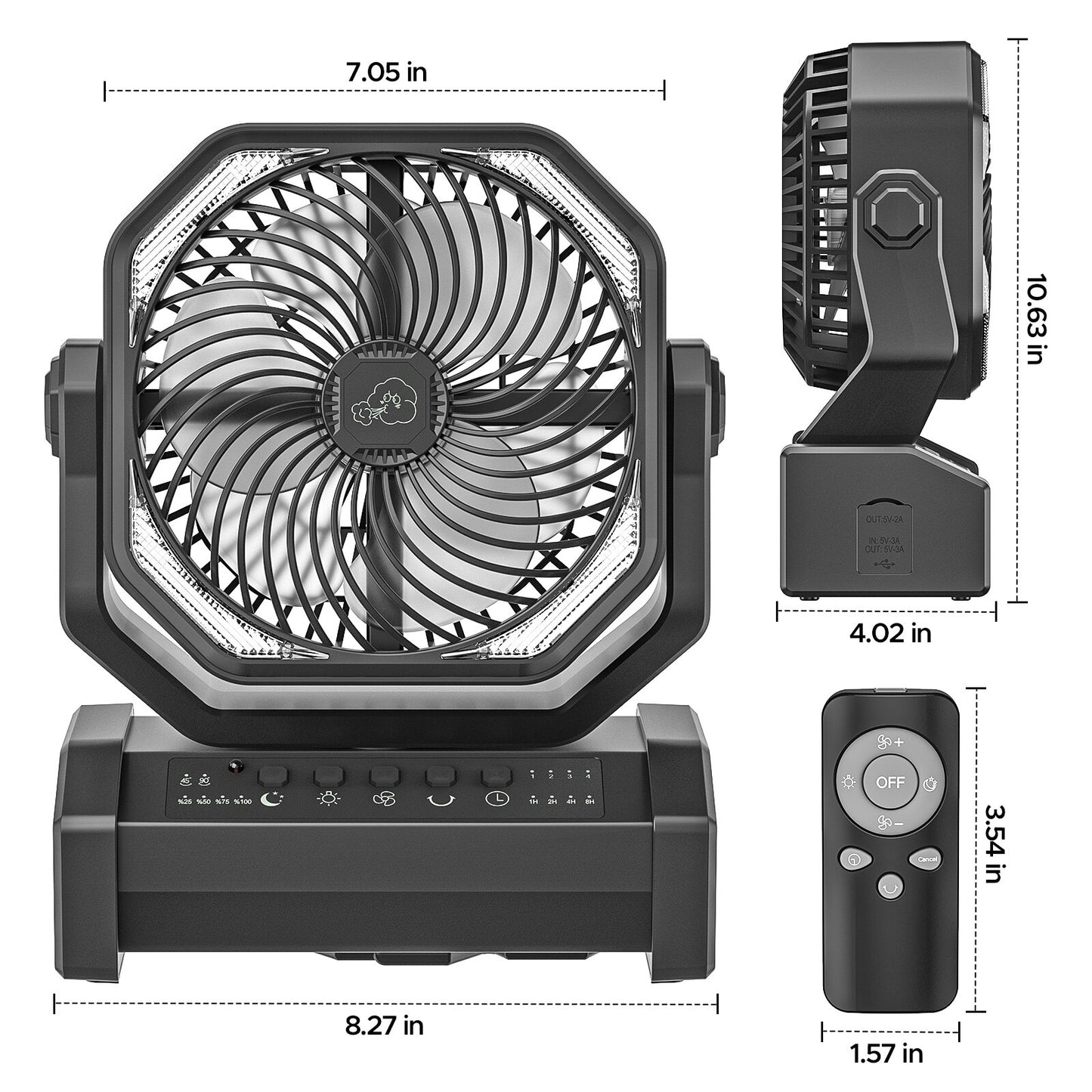 Portable Fan Battery Powered Rechargeable with LED lantern remote hanging hook