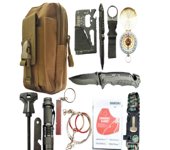 Survival and first aid kit with multifunctional supplies for the adventurer