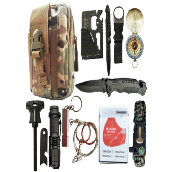 Survival and first aid kit with multifunctional supplies for the adventurer